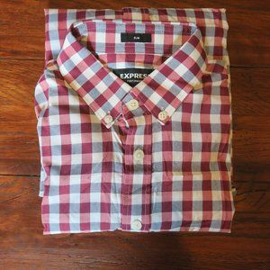 Express Men's Dress Shirt Slim (Burgundy/White/Grey) XS